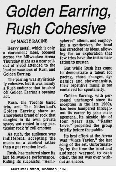 Rush with Golden Earring show review at  December 07, 1978 Milwaukee - Mecca Arena in Milwaukee Sentinel newspaper December 08, 1978